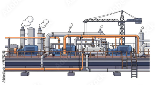 Industrial Pumping Station with Machinery, Pipes, and Crane - Detailed Illustration