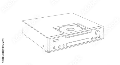Detailed line art vector illustration of a classic compact disc player with a CD in its open tray, audio electronics.