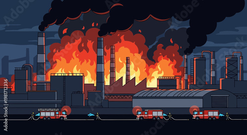 Pixel Art Factory Fire with Firefighters Battling Flames