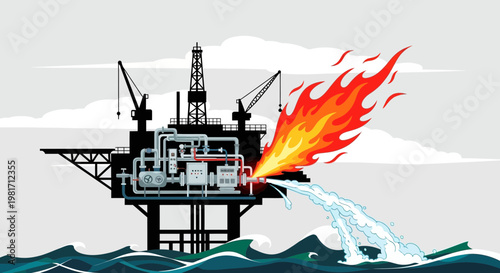 Offshore oil rig platform with fire flare and water spray, industrial energy production