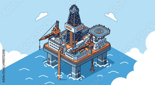 Isometric Offshore Oil Rig Platform in the Ocean, Industrial Energy Production