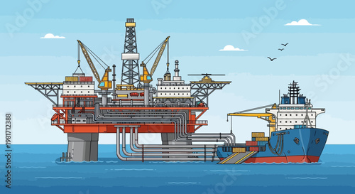 Offshore oil rig and supply vessel in the sea, industrial offshore platform, marine engineering