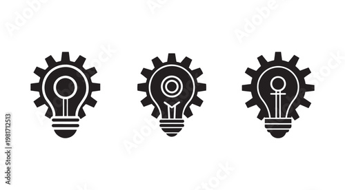 Black and white light bulb and gear icons for innovation and technology concepts  symbolizing ideas and machinery