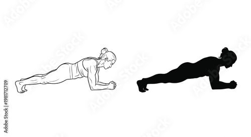 Woman performing a plank exercise, presented as a detailed vector graphic illustration for fitness design.