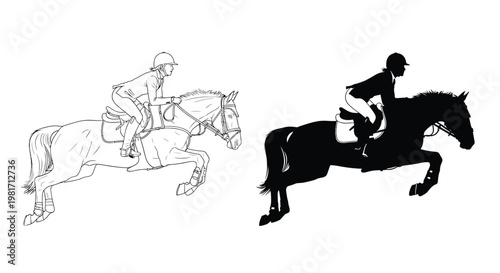 Dynamic vector illustration of an equestrian rider and horse gracefully jumping in a show jumping competition graphic design.