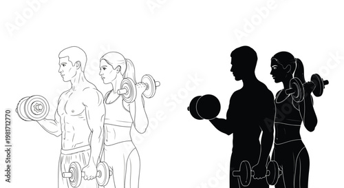 Athletic man and woman doing bicep curls with heavy dumbbells in this creative black line illustration
