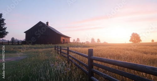 Rustic farmhouse sunrise over golden wheat field