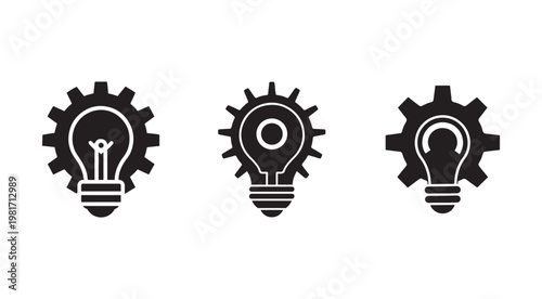 Black light bulb icons with gear wheels  idea and innovation concept  business and technology symbols