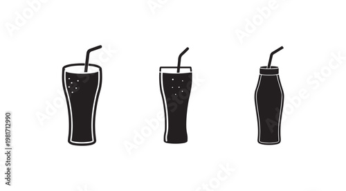 Black glasses and bottle with straws for soft drinks and soda  beverage icons