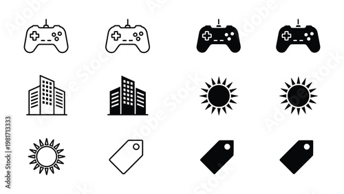 Collection of icons representing gaming, urban life, weather, and tags
