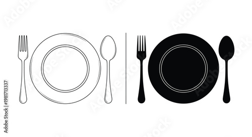 Simple vector graphic illustration of table setting elements including a fork plate and spoon outline design