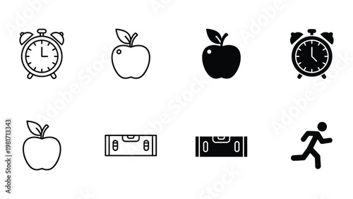 Contrast and activity icons featuring apples, alarms, and luggage