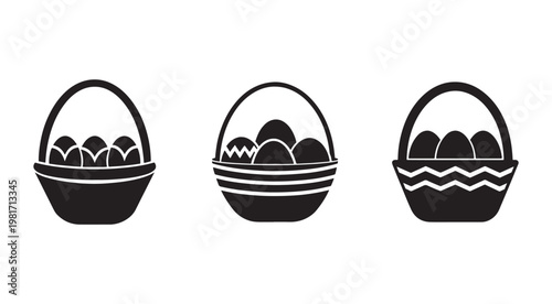 Black silhouette of three Easter baskets with eggs  traditional holiday symbol  springtime decoration  festive icon  eggs in baskets