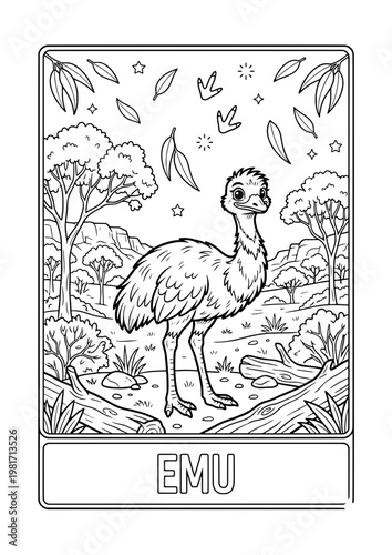Educational alphabet coloring page with cute cartoon emu in outback landscape line art.