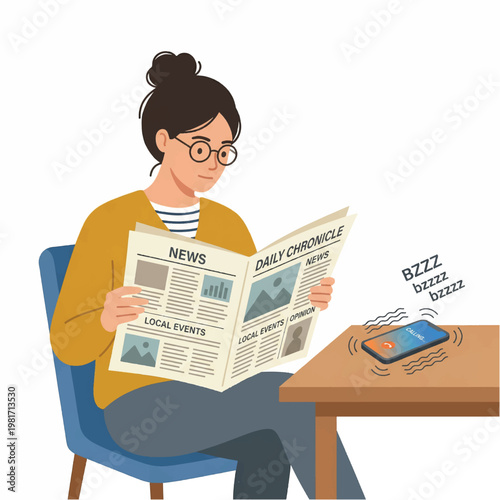 Woman sitting in a chair reading a newspaper next to a buzzing smartphone on a wooden table with a white background.