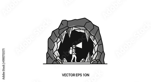 Cave explorer with flashlight discovering a mysterious underground cavern. Adventure, exploration, and discovery concept vector icon.