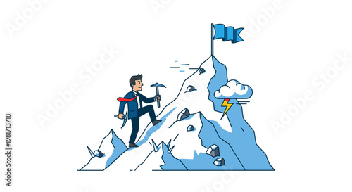 Businessman Climbing Mountain Peak with Pickaxe Vector Illustration Representing Business Success and Overcoming Challenges