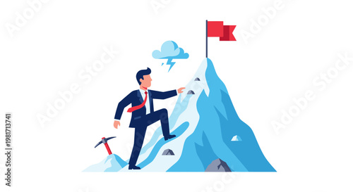 Businessman Climbing Mountain to Success Vector Illustration, Ambitious Professional Reaching Goal with Red Flag, Business Achievement and Career Growth Concept