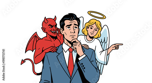Businessman Making Difficult Decision with Angel and Devil Vector Illustration Concept for Moral Choice and Ethical Dilemma in Professional Business Environment