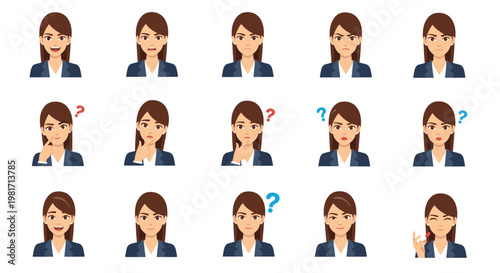 Businesswoman Facial Expressions Set Vector Illustration, Professional Office Worker Character Showing Various Emotions and Posing for Corporate Communication Design