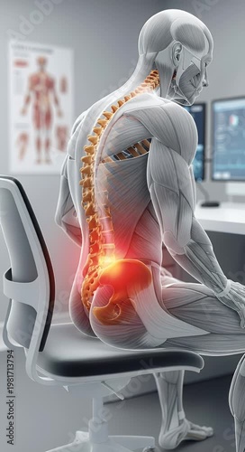 Medical illustration of human spinal anatomy and back pain