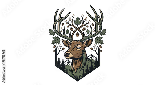 Majestic stag deer head with elaborate antlers, oak leaves, acorns, forest trees, and mountains in a nature emblem design