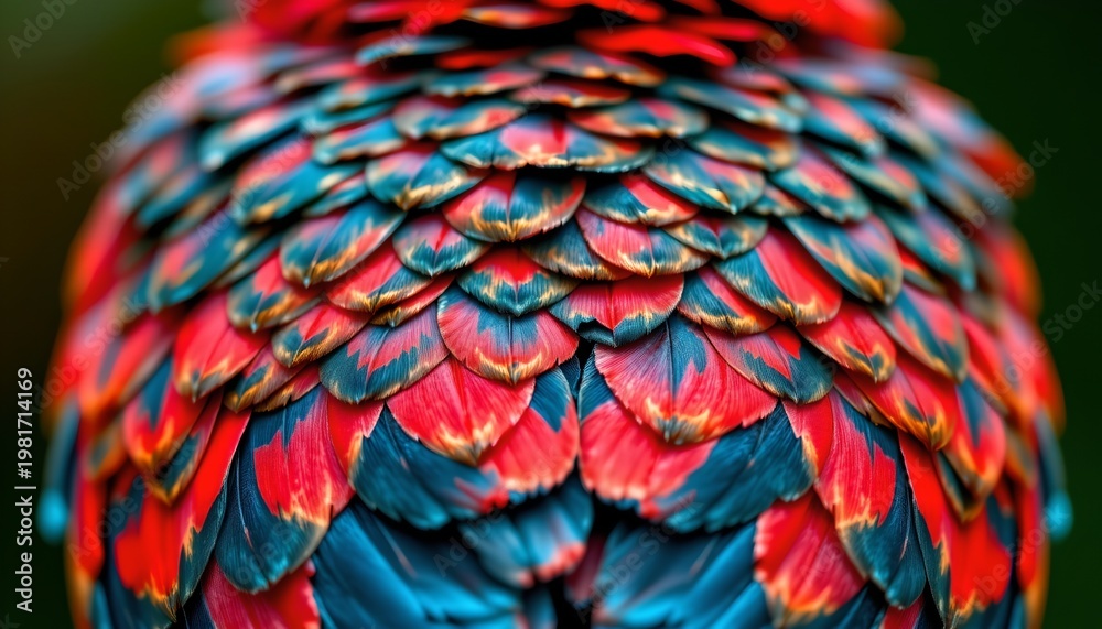 Obraz premium The image showcases a close up view of a bird's plumage with vibrant, overlapping feathers