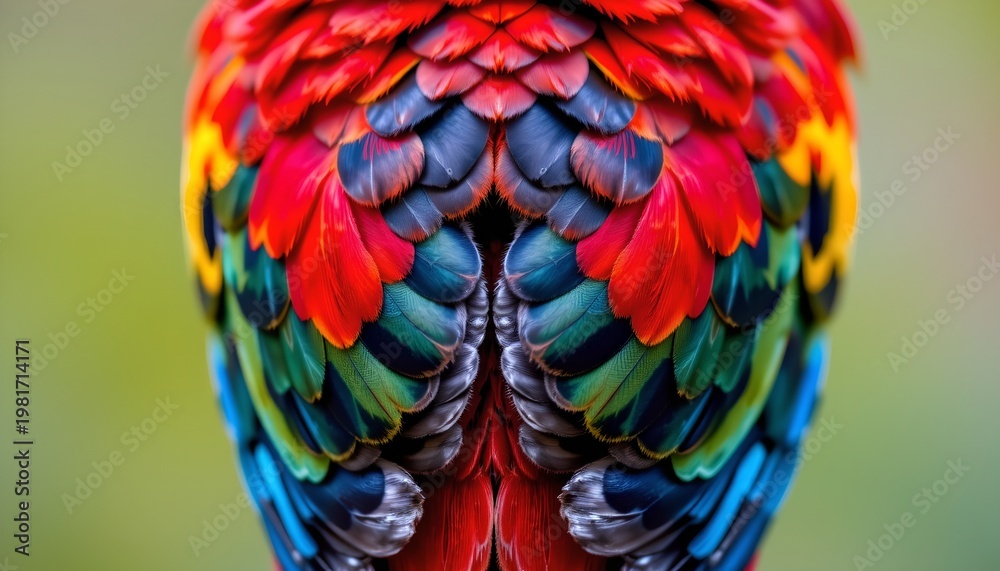 Fototapeta premium The image features a close up view of a colorful bird's back, showcasing an intricate array of feathers in vibrant hues of red, blue, green, yellow, and black
