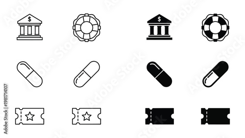 Contrasting icons of financial, medical, and ticket symbols in black and white variations