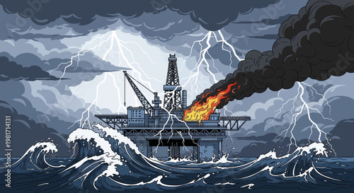 Oil Rig Disaster: Lightning Strike Ignites Fire Amidst Stormy Seas and Crashing Waves