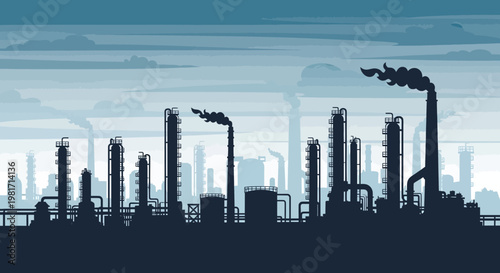 Industrial factory silhouette with smoking chimneys against a hazy sky, heavy industry concept.