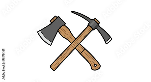 Crossed Axe and Pickaxe Vector Illustration. Classic Hand Tools for Construction, Forestry, Mining, and Labor Work Symbol.