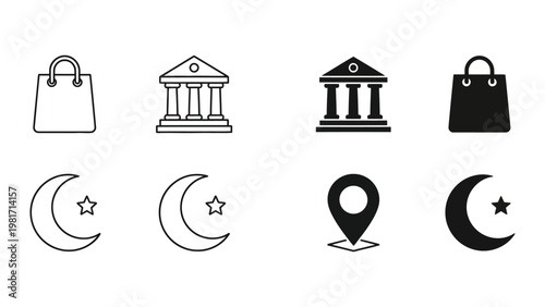 Collection of icons representing shopping, architecture, and nighttime elements