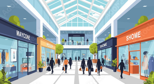 Modern Shopping Mall Interior with Shoppers and Stores