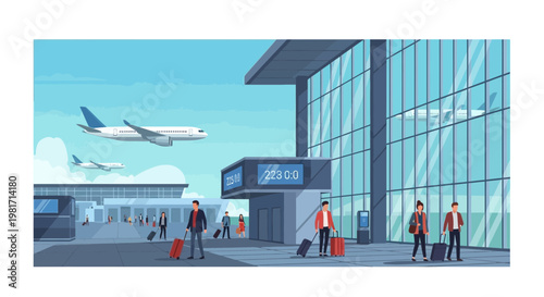 Modern Airport Terminal with Airplanes and Travelers, International Travel Concept
