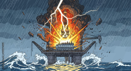 Oil rig explosion during stormy weather with lightning strike