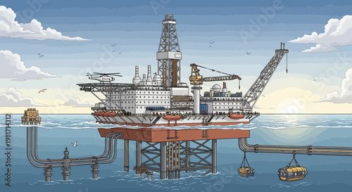 Offshore oil drilling platform with subsea pipelines and submersible vehicles