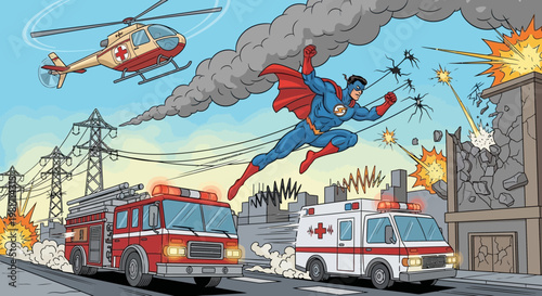 Superhero Saves City from Alien Invasion with Fire Truck and Ambulance