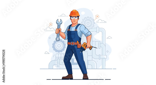 Construction worker with tools, wrench and drill, industrial background, engineering concept