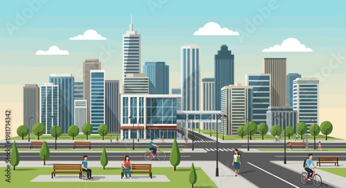 Modern Cityscape with Green Park, People, and Bicycles