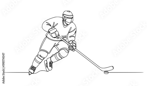 Ice hockey player continuous line skating with puck winter sport vector illustration