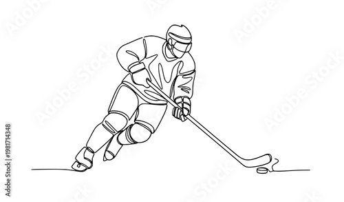 Ice hockey continuous line player skating puck winter olympic sport vector illustration