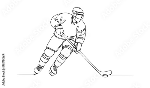 Continuous line ice hockey player skating with stick and puck winter sports vector