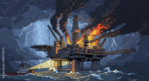 Oil rig disaster: Offshore platform ablaze during a violent thunderstorm with lightning strikes.