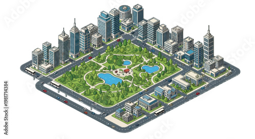 Isometric Cityscape with Central Park, Buildings, Roads, and Cars - Aerial View