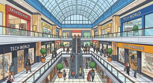 Modern Shopping Mall Interior with Escalators and Diverse Shops