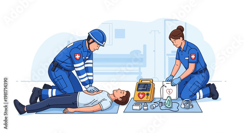 Paramedics Performing CPR and Using Defibrillator on Patient in Hospital Room