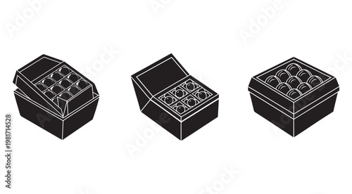 Blackandwhite illustration of three different views of a cardboard egg box with twelve eggs inside isolated on white background