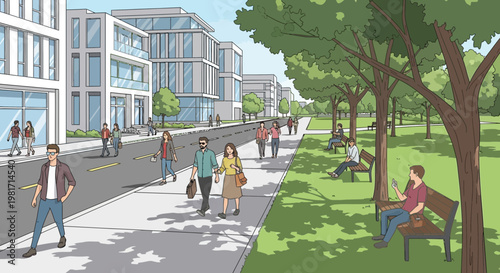 Urban park scene with people walking on sidewalk and relaxing in green space near modern buildings.