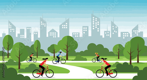People cycling in a city park with a skyline background, healthy lifestyle, urban recreation